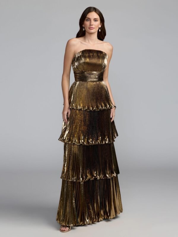 Petite Dark Gold Strapless Pleated Metallic Layered Ruffle Gown