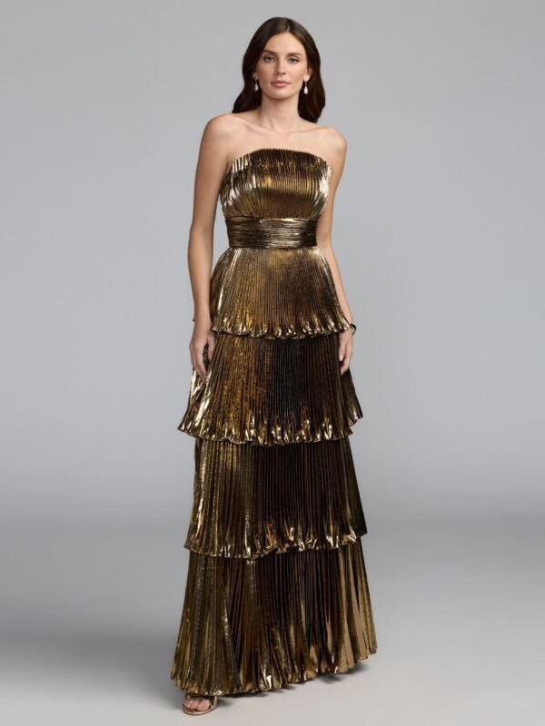 Deep Gold Strapless Pleated Metallic Layered Ruffle Gown
