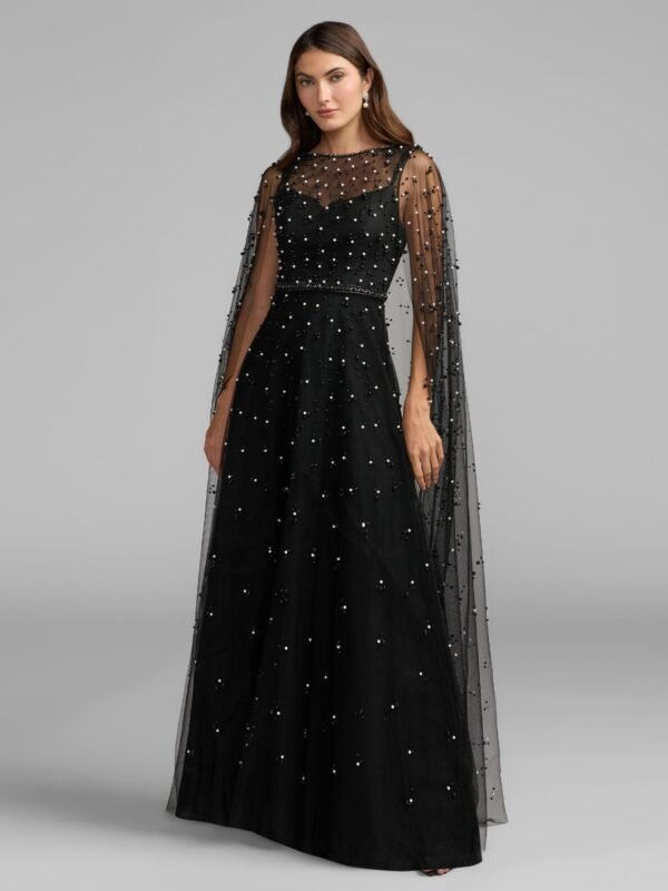 Petite Black Pearl Embellished Cape Sleeve Gown