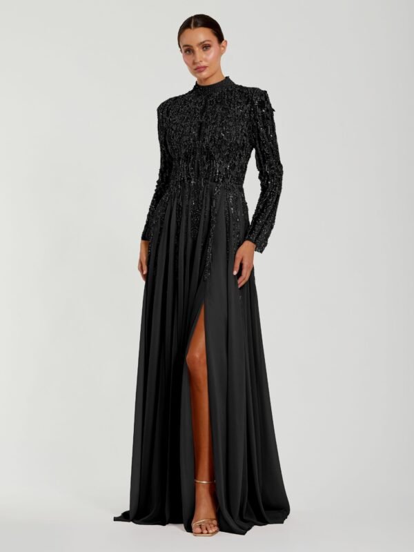 Petite Black Embellished Long Sleeve Gown with Slit