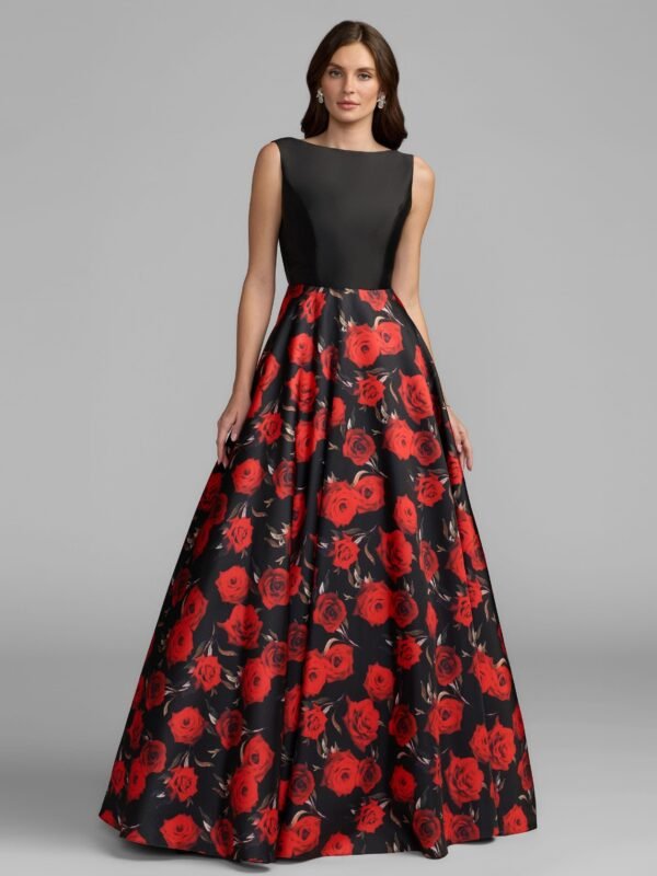 Black And Red Floral Open Back Ball Gown