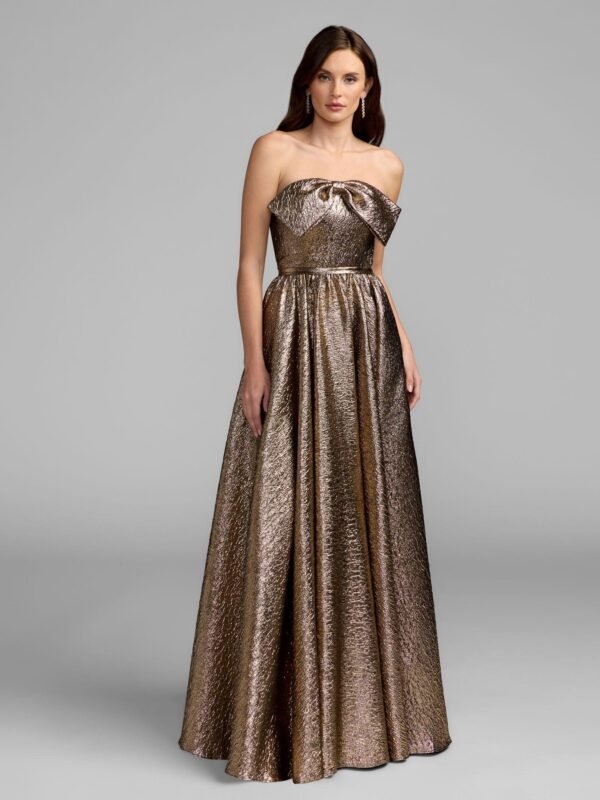 Gold Strapless Metallic Gown With Bow Detail