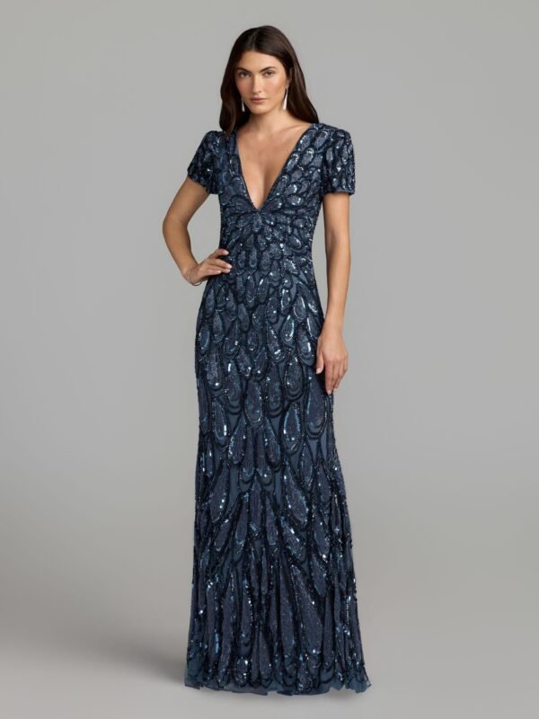 Petite Blue Embellished Deep V Column Gown