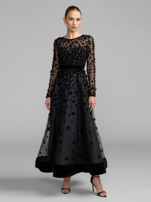 Petite Black Velvet Floral Appliqu Midi Dress