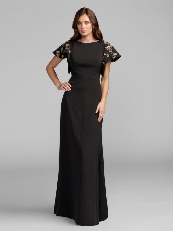 Petite Black Gold Embellished Flutter Sleeve Crepe Gown