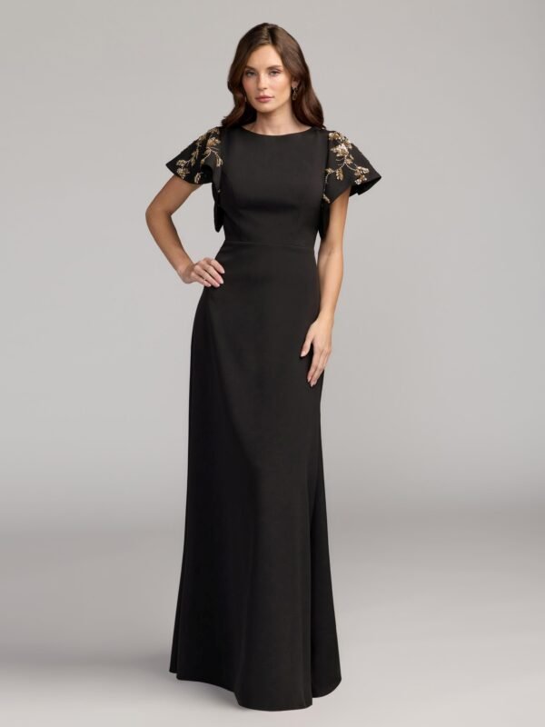 Black Embellished Flutter Sleeve Crepe Gown