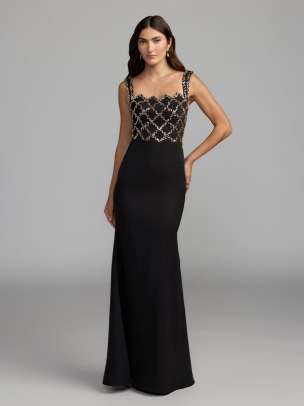Black Embellished Square Neck Column Gown