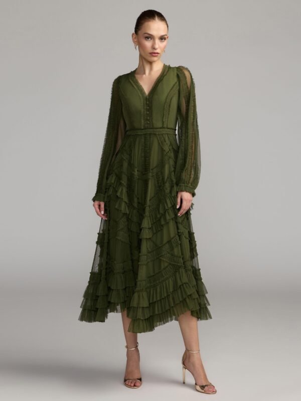 Petite Olive Long Sleeve V-Neck Micro Ruffle Midi Dress