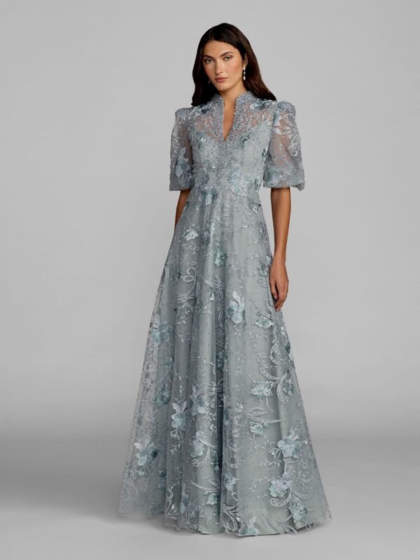 Petite Blue Queen Anne Puff Sleeve A-Line Gown