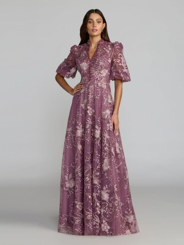 Petite Purple Queen Anne Puff Sleeve Embroidered A-Line Gown