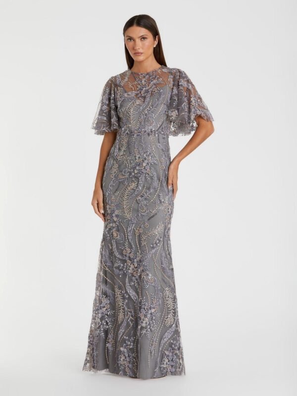 Petite Charcoal High Neck Flutter Sleeve Embroidered Gown