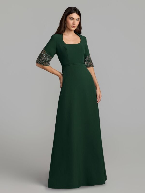 Petite Deep Green Scoop Neck Beaded Cuff Crepe Gown