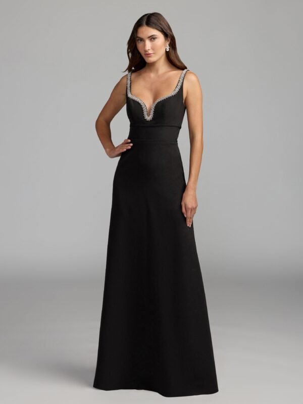 Petite Black Crepe A-Line Gown With Rhinestone Trim