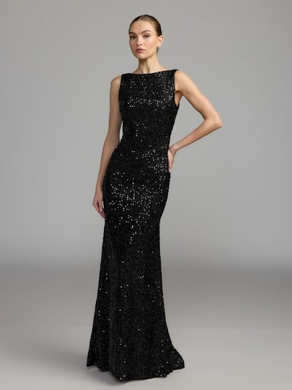 Petite Black Cowl Back Boat Neck Sequined Evening Gown