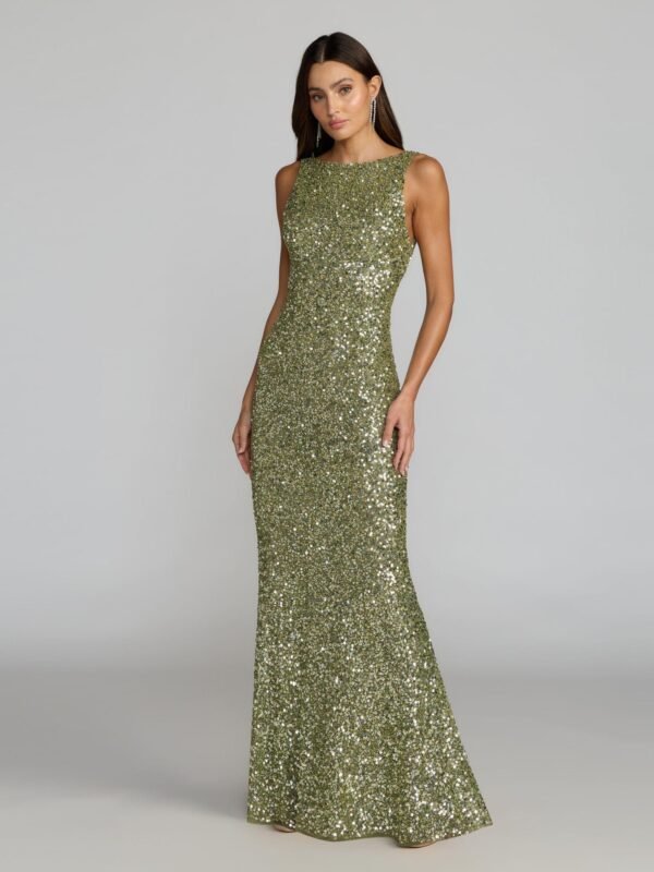 Petite Sage Sequin Open Back Column Gown