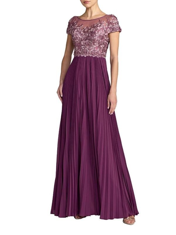 Mac Duggal Petite Embroidered Cap Sleeve High Neck Pleated Gown