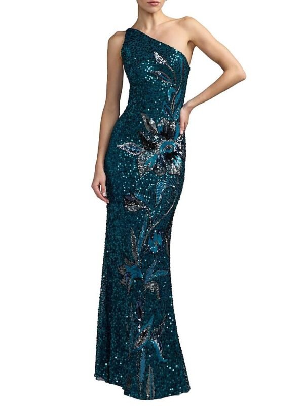 Mac Duggal Petite Beaded Mesh One Shoulder Floral Detail Gown