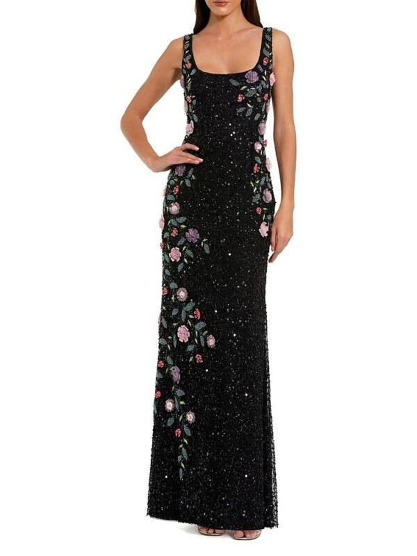 Mac Duggal Petite Floral Beaded Scoop Neck Sleeveless Gown