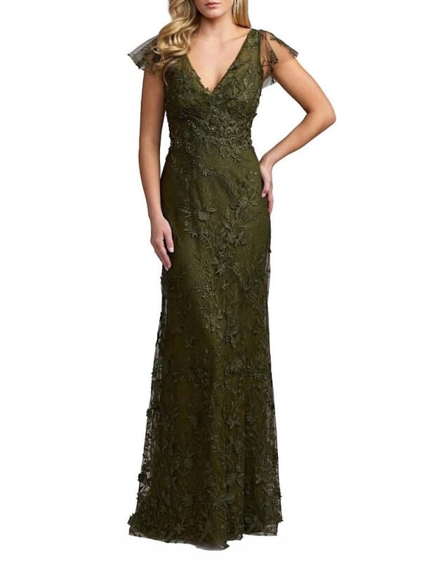 Mac Duggal Petite Floral Embroidered Lace Flutter Sleeve Gown