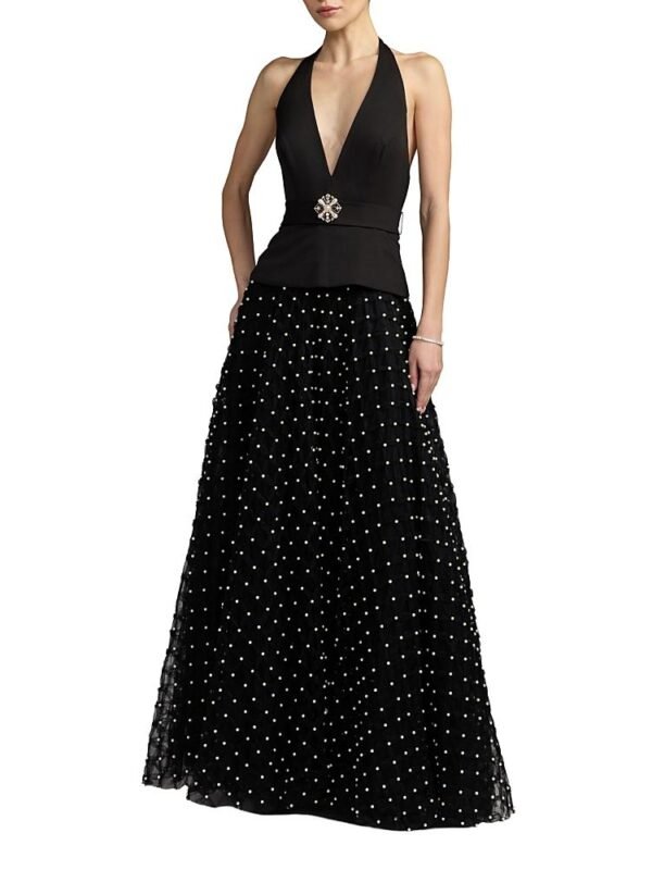 Mac Duggal Petite Halter Neck A-Line Gown With Pearl Embellished Skirt
