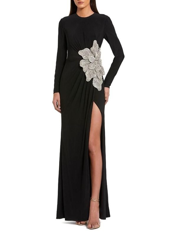 Mac Duggal Petite Floral Applique Long Sleeve Jersey Gown