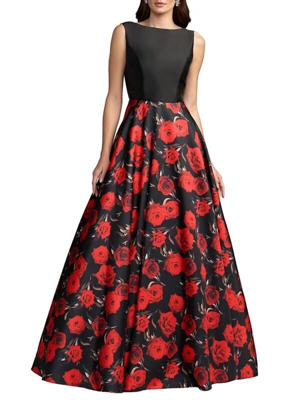 Mac Duggal Petite Floral Printed Mikado Open Back Sleeveless Gown