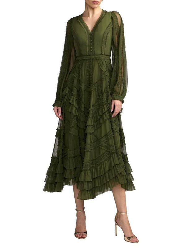 Mac Duggal Petite Long Sleeve V Neck Mesh Micro Ruffle Midi Dress