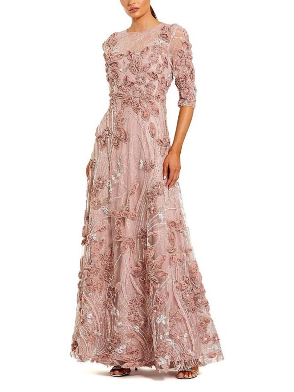 Mac Duggal Petite 3/4 Sleeve High Neck Embroidered A Line Gown