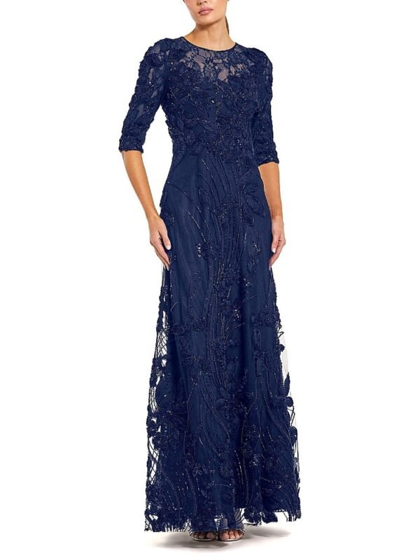 Mac Duggal Petite 3/4 Sleeve High Neck Embroidered A-Line Gown