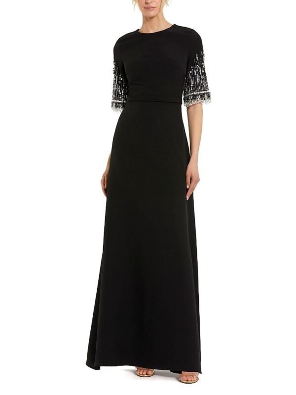 Mac Duggal Petite Black Crepe A Line Gown With Beaded 3/4 Sleeves