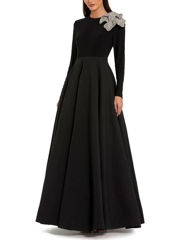 Mac Duggal Petite Long Sleeve Jersey And Taffeta Flower Gown
