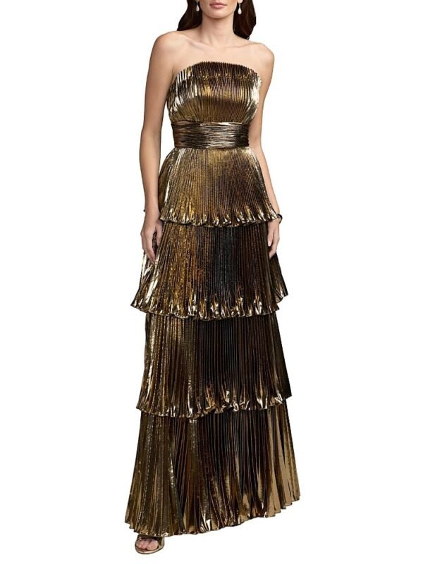 Mac Duggal Petite Strapless Pleated Metallic Layered High Low Gown