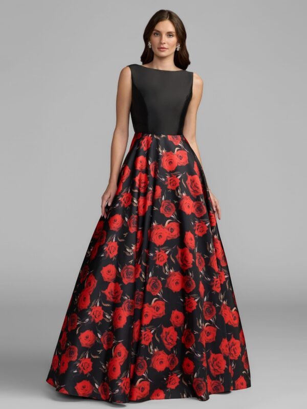 Red Rose Floral Open Back Ball Gown