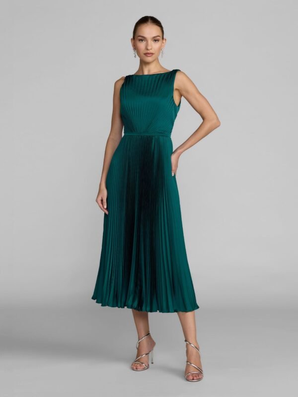 Ocean Blue Sleeveless High Neck Pleated Midi Dress