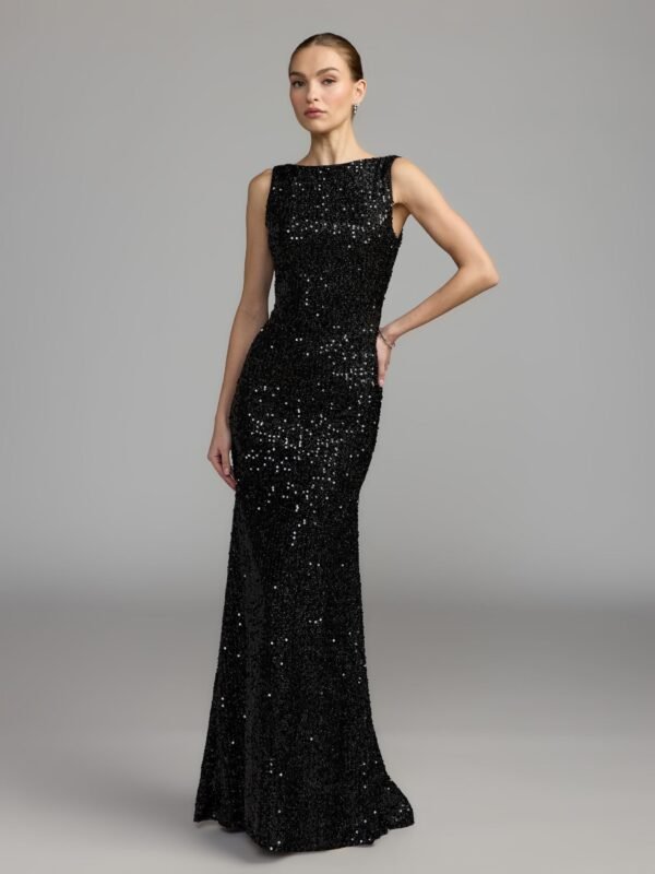 Black Cowl Back Boat Neck Sequined Evening Gown