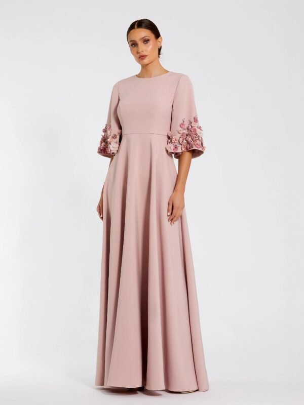 Pink Crepe 3/4 Sleeve A-line Gown With Flower Trim