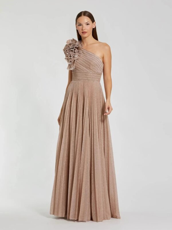 Petite Pink Pleated One Shoulder Ruffle Gown