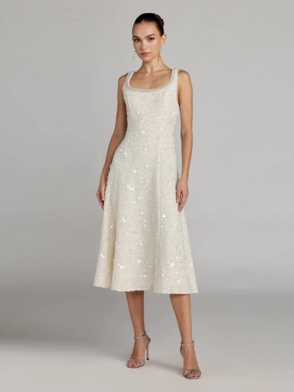 Ivory Embellished Boucle Sleeveless A-Line Midi Dress