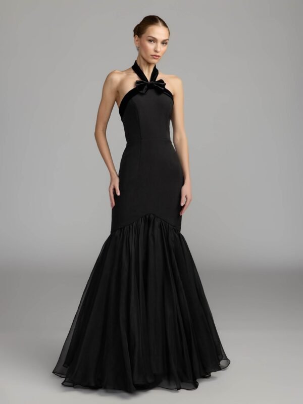 Black Sleeveless Halter Neck Mermaid Gown With Bow