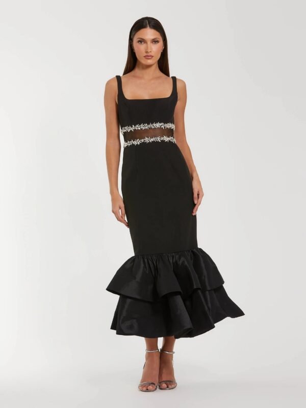 Black Crepe Ruffle Hem Midi Dress With Jewel Detail