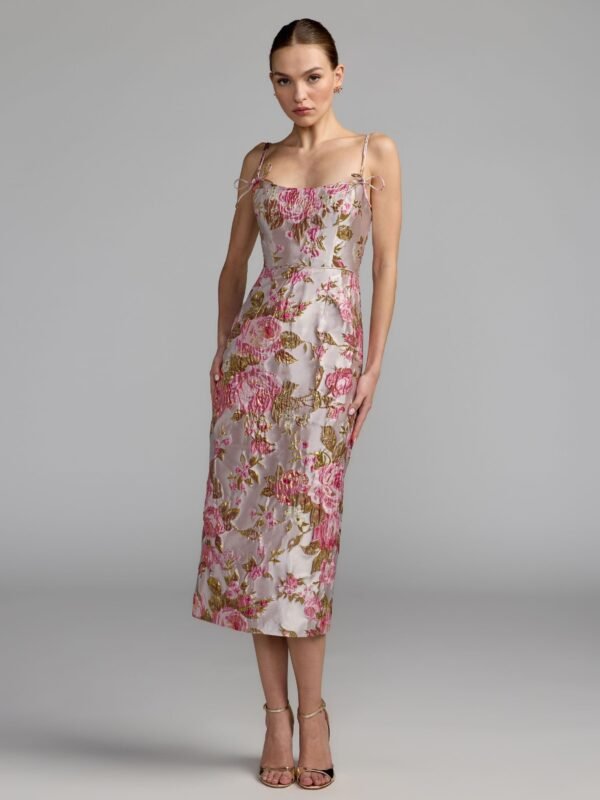 Light Pink Floral Brocade Bow Strap Midi Dress
