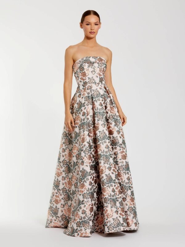 Multicolor Strapless Floral Brocade Ball Gown