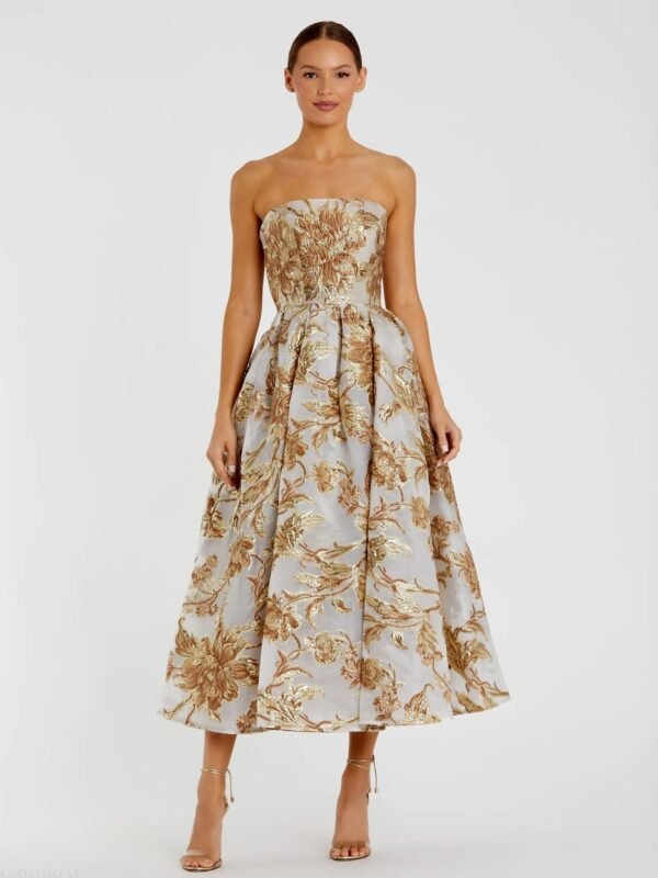 Gold Strapless Brocade Midi Dress with Pockets