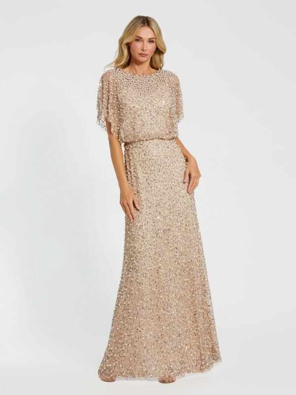 Beige High Neck Short Sleeve Embellished Gown