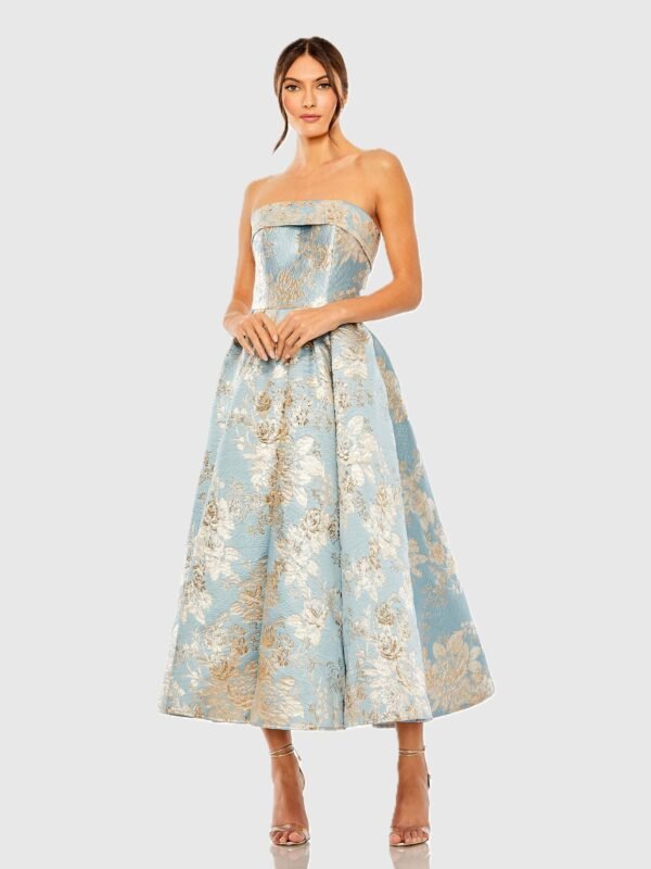 Light Blue Strapless Brocade Midi Dress With Pockets