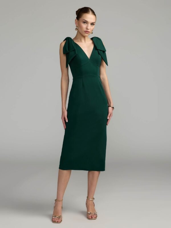 Emerald Sleeveless Crepe Midi Dress With Bow Straps