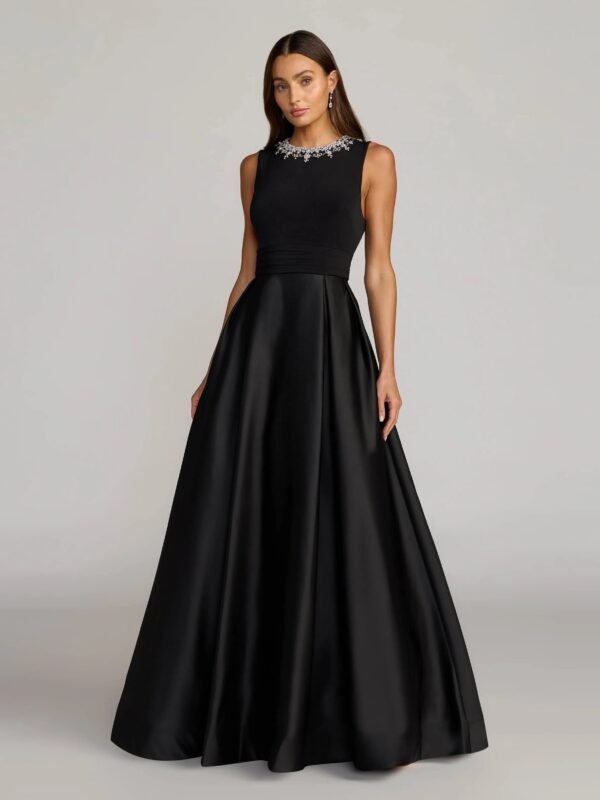 Black Embellished High Neck Sleeveless A Line Gown