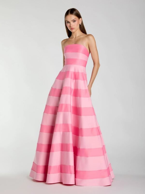 Pink Striped Strapless Satin Ballgown With Pockets