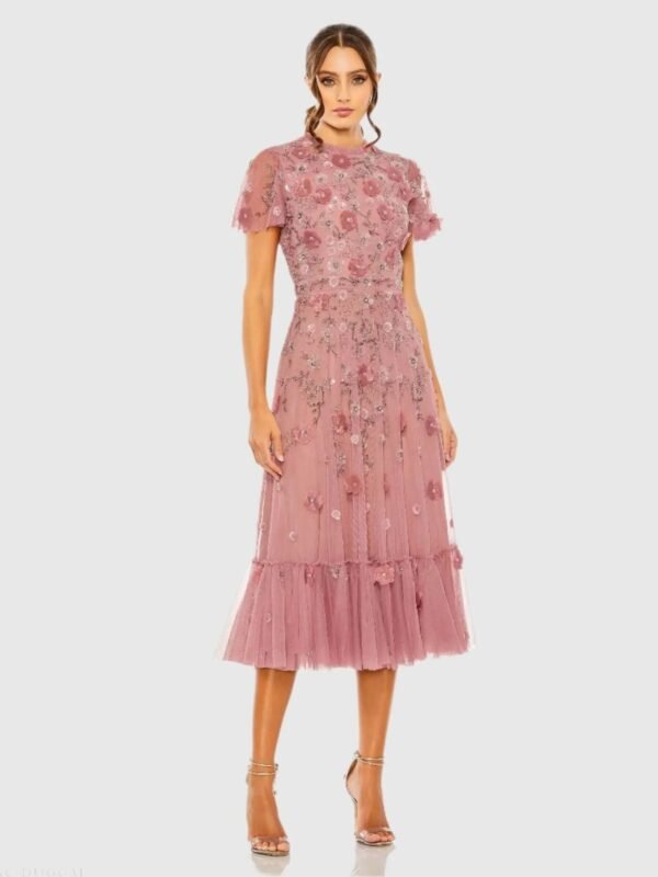 Pink Embellished High Neck Flutter Sleeve A Line Dress