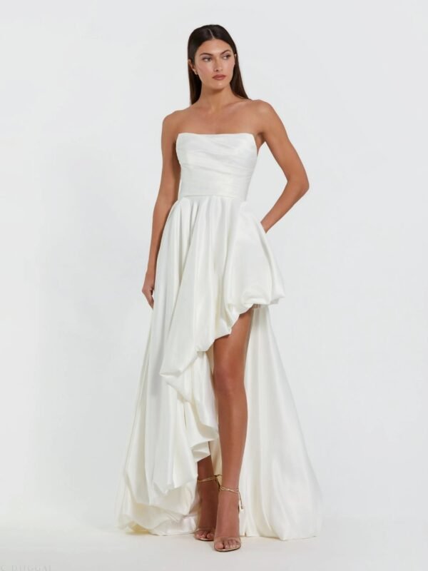 White Strapless Ruched High Low Gown